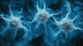 Microscopic neuron network, digital rendering, dark background, medical illustration