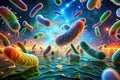 Microscopic organisms in vibrant hues, a close-up view of rod-shaped bacteria floating in a liquid medium. Generative AI Royalty Free Stock Photo