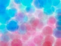 Microscopic pink and blue balls in the water