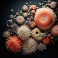 In the microscopic realm, a vibrant microbe dances, form intricate surreal. A symphony of colors shapes, it embodies