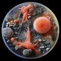 In the microscopic realm, a vibrant microbe dances, form intricate surreal. A symphony of colors shapes, it embodies