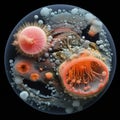 In the microscopic realm, a vibrant microbe dances, form intricate surreal. A symphony of colors shapes, it embodies
