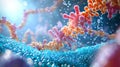 A microscopic rendering of protein synthesis inside a cell, with ribosomes assembling amino acids into chains