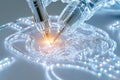 Microscopic Robotic Tools Engraving Intricate Circuits on Transparent Material. Precision and Accuracy Highlighted
