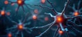 Microscopic view of active neurons. Orange glowing points highlight neural activity on dark blue background. Complex network of
