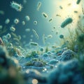 Microscopic view of aquatic environment teeming with diverse bacteria. Scientific illustration displays microbial activity in Royalty Free Stock Photo