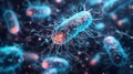 Microscopic view of bacteria with flagella, vibrant blue and red colors, abstract background Royalty Free Stock Photo