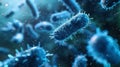 A microscopic view of bacteria, showing their intricate shapes and textures. The blue hue and blurry background create a sense of Royalty Free Stock Photo
