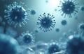 Microscopic view of blue coronavirus particles floating in liquid. These pathogens spread contagion and cause illness like flu. Royalty Free Stock Photo