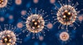 Microscopic View of Coronavirus Particles with Spikes on Dark Blue Background covid19 science Royalty Free Stock Photo