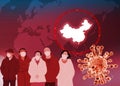 Microscopic view of Coronavirus, a pathogen that attacks the respiratory tract. World map with China highlight. People with masks Royalty Free Stock Photo