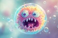 Microscopic view of dangerous virus cell trapped inside soap bubble, showing teeth, floating in colorful liquid Royalty Free Stock Photo
