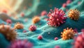 Microscopic view of diverse microorganisms like viruses, bacteria. Microbes interact on surface. Detailed view of microscopic Royalty Free Stock Photo