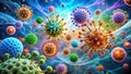 Microscopic view of diverse viral structures, a colorful representation of infectious agents in a complex biological network. Royalty Free Stock Photo