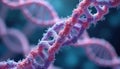Microscopic view of DNA replication process. Double helix structure with pink and purple strands in close-up. Shows molecular Royalty Free Stock Photo