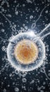 Microscopic view of a fertilized egg cell amidst bubbles and strands Royalty Free Stock Photo