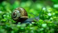 A microscopic view of a freshwater snail with its intricate shell and tentaclelike eyes slowly gliding over a patch of