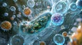 A microscopic view of a giant amoeba its size dwarfing the bacteria that surround it as it engulfs them with its large Royalty Free Stock Photo