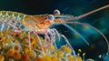 A microscopic view of a giant shrimp with its long antennae and sharp pincers dwarfing the surrounding microorganisms