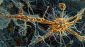Microscopic view of a glial cell extending its long filamentous processes to surround and nourish a nearby neuron