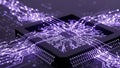 Microscopic view of a glowing purple integrated circuit processor chip actively transmitting complex data signals across a Royalty Free Stock Photo