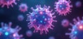 Microscopic view of glowing virus particles. Pathogens float in darkness, illuminated by blue and pink neon lights. Scientific Royalty Free Stock Photo