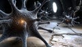 Microscopic View Of Glowing Viruses With Spikes And Nerve System Traveling, 3D Render