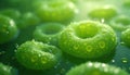 Microscopic view of green algae cells with visible chloroplasts in aquatic environment. Cells float in water with water drops on, Royalty Free Stock Photo