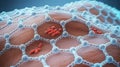Microscopic view of a hexagonal lattice structure with clusters of small red spheres on a textured organic surface, scientific Royalty Free Stock Photo