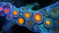 Microscopic View of Interconnected Glowing Cells in a Complex Biological Network