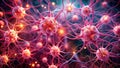 Microscopic view of interconnected neural cells exhibiting complex branching structures and luminescent nodes. Generative AI Royalty Free Stock Photo