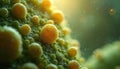 Microscopic view of microbiome cells with green, yellow spherical structures. Cells textured surfaces, varying sizes. Bright light Royalty Free Stock Photo