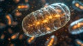 A microscopic view of a mitochondrion in action showing numerous tiny bubbles of energy being released into the