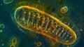 A microscopic view of a mitochondrion showing its unique double membrane structure. The outer membrane appears as a