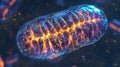 A microscopic view of a mitochondrion undergoing the process of oxidative phosphorylation. The numerous cristae on the