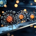 Microscopic view of nanotechnology inspired structures resembling viruses, showcasing intricate details and glowing elements. This Royalty Free Stock Photo