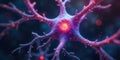 A microscopic view of a neuron with glowing dendrites and axons, illuminated by an inner light source. Generative AI Royalty Free Stock Photo