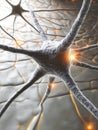 Microscopic view of a neuron synapse with glowing electrical impulses, illustrating the complexity of brain function and