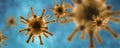 Microscopic view of pathogen SARS-CoV-2 corona virus in cell on blue background, 3d illustration, Panoramic banner with Royalty Free Stock Photo