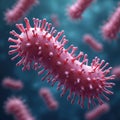 Microscopic view pathogenic bacteria, magnified image. Microbe cells shown on dark blue backdrop. Illustration represents Royalty Free Stock Photo