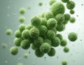 Microscopic view of probiotic bacteria colonies. Green spherical organisms are floating against a soft background. Useful for Royalty Free Stock Photo