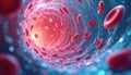 Microscopic view of red blood cells flowing through a blood vessel. Plasma and other bodily fluids create a dynamic environment. Royalty Free Stock Photo