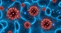 Microscopic View of Red Spherical Viruses With Spiky Protrusions on Blue Cellular Background Royalty Free Stock Photo