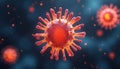 Microscopic view of red virus particles on dark blue background with bokeh. Cells have spiky protein projections. Pathogen causes Royalty Free Stock Photo