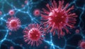 Microscopic view of red virus particles with spike proteins floating in blue network system. Cells represent infectious agents Royalty Free Stock Photo