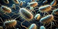 Microscopic view of rod-shaped bacteria with flagella in a complex arrangement. Generative AI Royalty Free Stock Photo