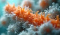 Microscopic view shows human body microbes. Orange bacteria, white cells interact in complex system. Diverse gut microbiome Royalty Free Stock Photo