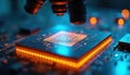 Microscopic view of silicon chip on circuit board. Microchip electronic component under scientific microscope for digital tech Royalty Free Stock Photo
