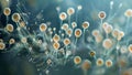 A microscopic view of a spore structure releasing its contents a cloud of miniscule spores drifting into the surrounding