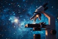 A microscopic view of stars, as seen through the lens of a specialized telescope, A laboratory microscope surrounded by a starry Royalty Free Stock Photo